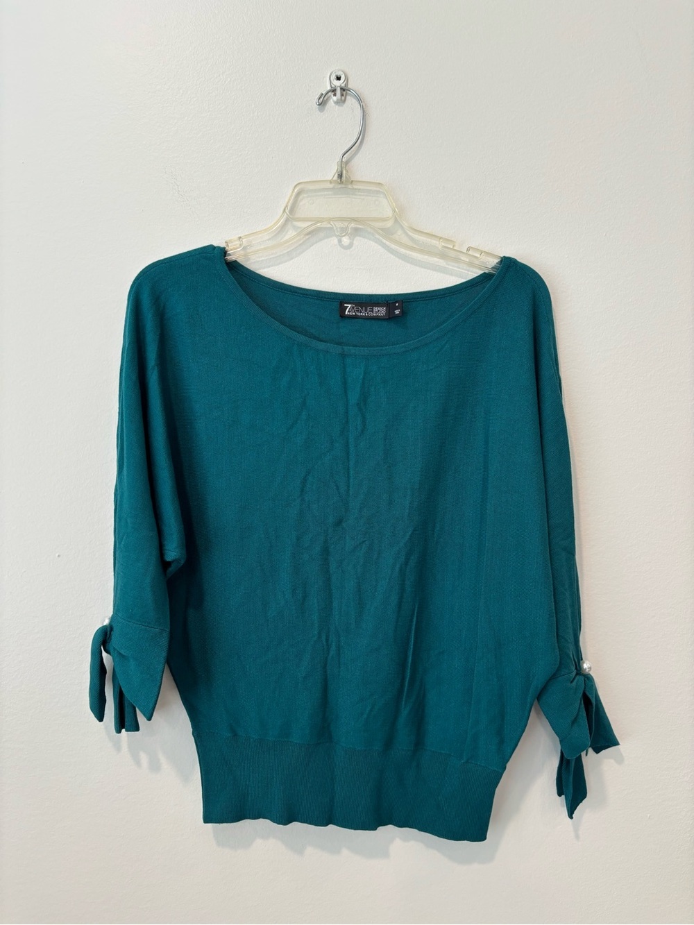 New York & Company Teal Boatneck Tie-Sleeve Sweater